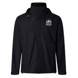 The Fortivus Academy Elite Storm Jacket by EMB Canterbury is a breathable black jacket featuring the Fortivus Academy logo in white on the left chest and a small white Canterbury logo on the right shoulder.