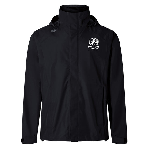 The Fortivus Academy Elite Storm Jacket by EMB Canterbury is a breathable black jacket featuring the Fortivus Academy logo in white on the left chest and a small white Canterbury logo on the right shoulder.