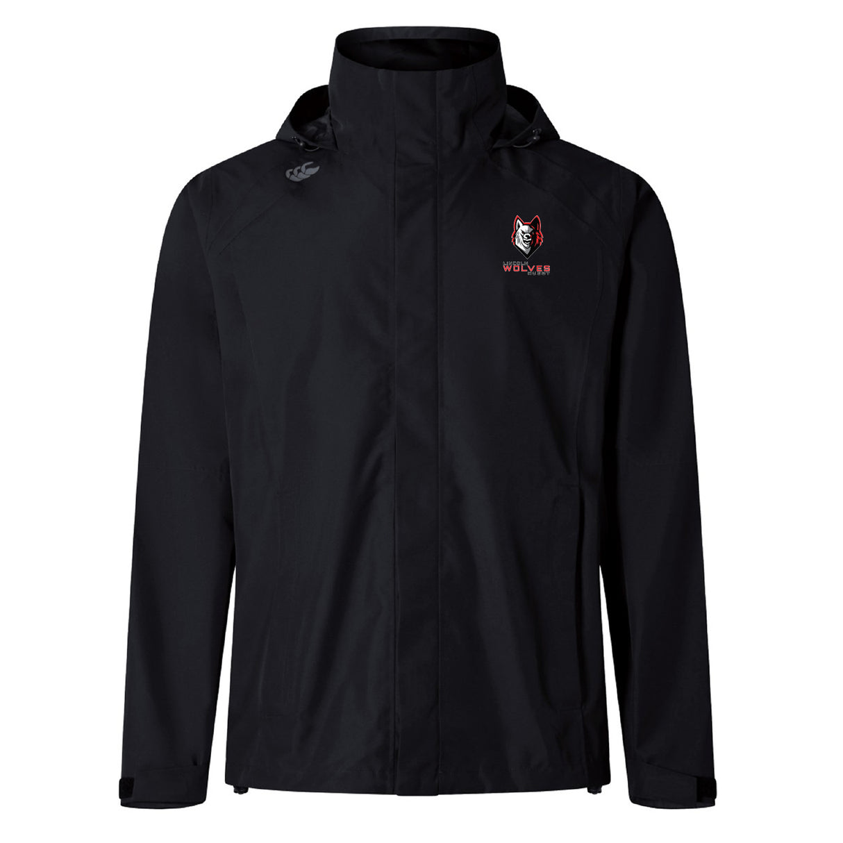 The Lincoln Wolves Elite Storm Jacket by EMB Canterbury is a black, hooded, waterproof jacket with a small wolf logo and "WOLFPACK" text on the chest, shown against a plain white background.