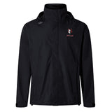 The Lincoln Wolves Elite Storm Jacket by EMB Canterbury is a black, hooded, waterproof jacket with a small wolf logo and "WOLFPACK" text on the chest, shown against a plain white background.