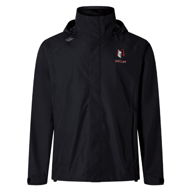 The Lincoln Wolves Elite Storm Jacket by EMB Canterbury is a black, hooded, waterproof jacket with a small wolf logo and "WOLFPACK" text on the chest, shown against a plain white background.