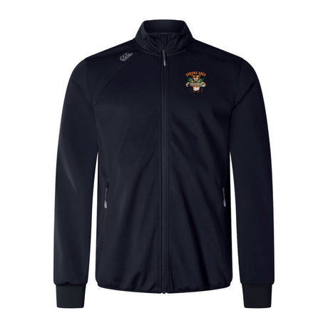 The Verona Area Rugby Elite Windstopper Jacket by EMB Canterbury is a black, weatherproof softshell with a small colorful logo on the left chest and subtle detailing on the right shoulder.