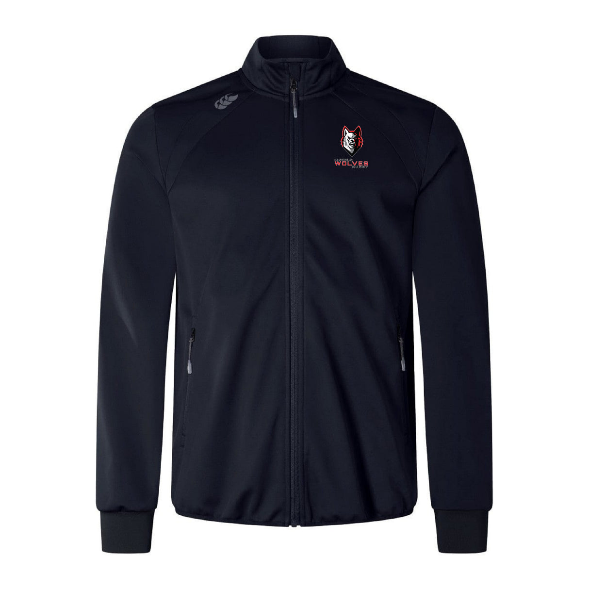 The Lincoln Wolves Elite Windstopper Jacket by EMB Canterbury is black with ribbed cuffs, two zippered pockets, and a wolf logo plus "WOLVES" text on the left chest.