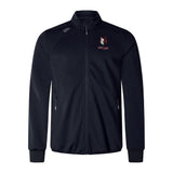 The Lincoln Wolves Elite Windstopper Jacket by EMB Canterbury is black with ribbed cuffs, two zippered pockets, and a wolf logo plus "WOLVES" text on the left chest.