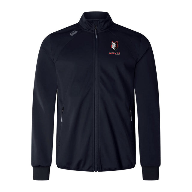 The Lincoln Wolves Elite Windstopper Jacket by EMB Canterbury is black with ribbed cuffs, two zippered pockets, and a wolf logo plus "WOLVES" text on the left chest.