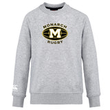 The Monarch Rugby Club Club Crew Sweatshirt by WRS Canterbury features "Monarch Rugby" text, a large black and gold "M" on the front, and an embroidered Canterbury logo on the left sleeve.