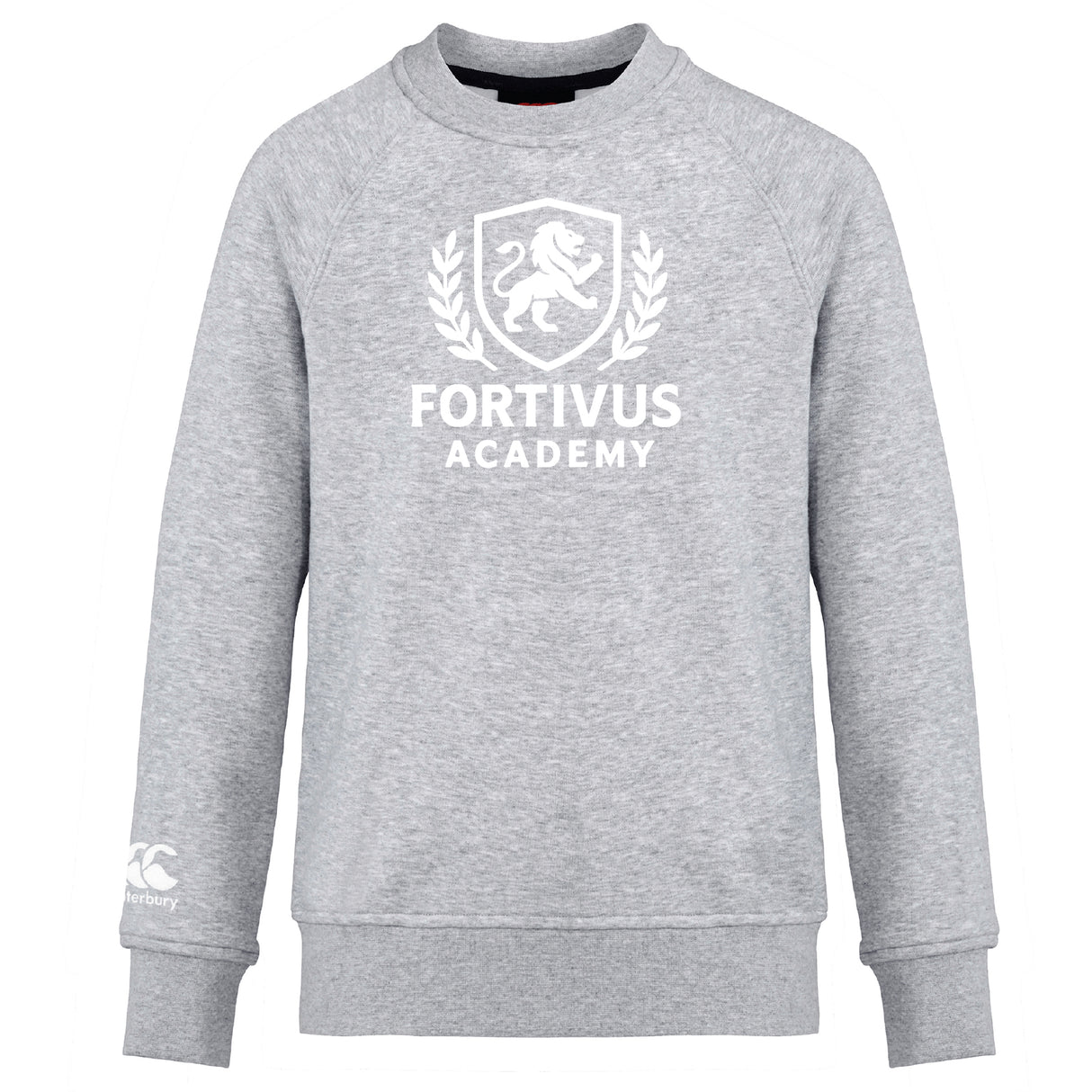 The Fortivus Academy Club Crew Sweatshirt by WRS Canterbury is an ultra-soft grey top with "FORTIVUS ACADEMY" and a white lion crest on the front, plus a small white logo on the left sleeve.