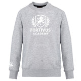 The Fortivus Academy Club Crew Sweatshirt by WRS Canterbury is an ultra-soft grey top with "FORTIVUS ACADEMY" and a white lion crest on the front, plus a small white logo on the left sleeve.