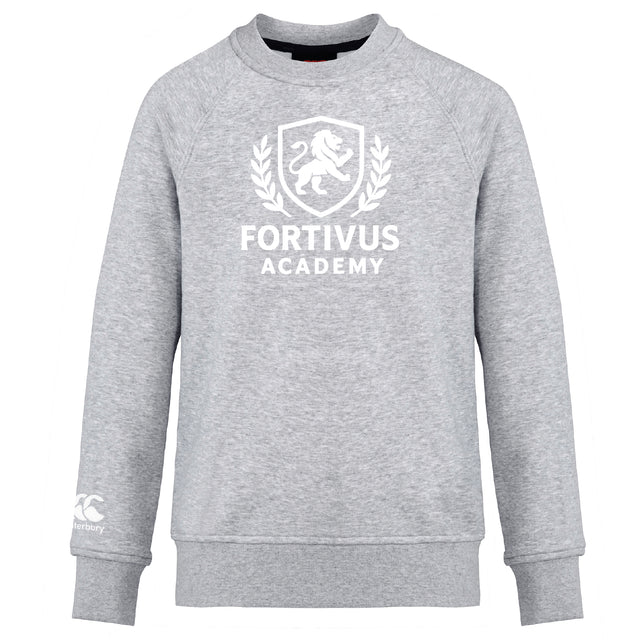 The Fortivus Academy Club Crew Sweatshirt by WRS Canterbury is an ultra-soft grey top with "FORTIVUS ACADEMY" and a white lion crest on the front, plus a small white logo on the left sleeve.