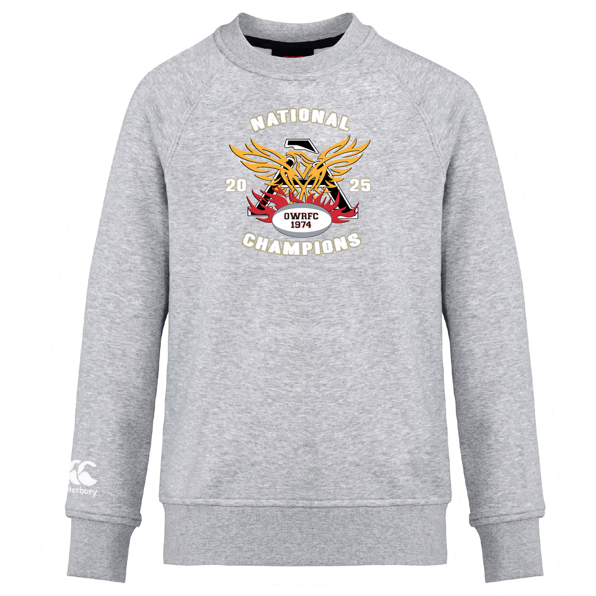 The Atlanta Old White Rugby Champs Club Crew Sweatshirt by WRS Canterbury is an ultra-soft light grey top with "NATIONAL CHAMPIONS 2025 OWRFC 1974" and a yellow, red, black emblem on the chest, plus an embroidered CCC logo on the left sleeve.