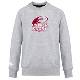 The Guilford College Club Crew Sweatshirt by Canterbury features a maroon "Quaker Rugby" logo with rugby ball graphic on gray, plus an embroidered CCC logo on the left sleeve. Ultra-soft comfort from WRS Canterbury.