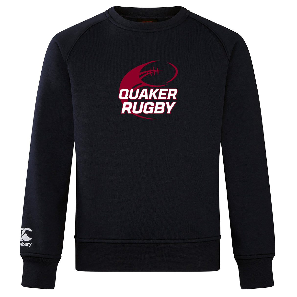 Guilford College Club Crew Sweatshirt by WRS Canterbury in black, with a maroon rugby ball and "Quaker Rugby" on the chest, ultra-soft feel, and embroidered CCC logo on the left sleeve.