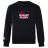 Guilford College Club Crew Sweatshirt by WRS Canterbury in black, with a maroon rugby ball and "Quaker Rugby" on the chest, ultra-soft feel, and embroidered CCC logo on the left sleeve.