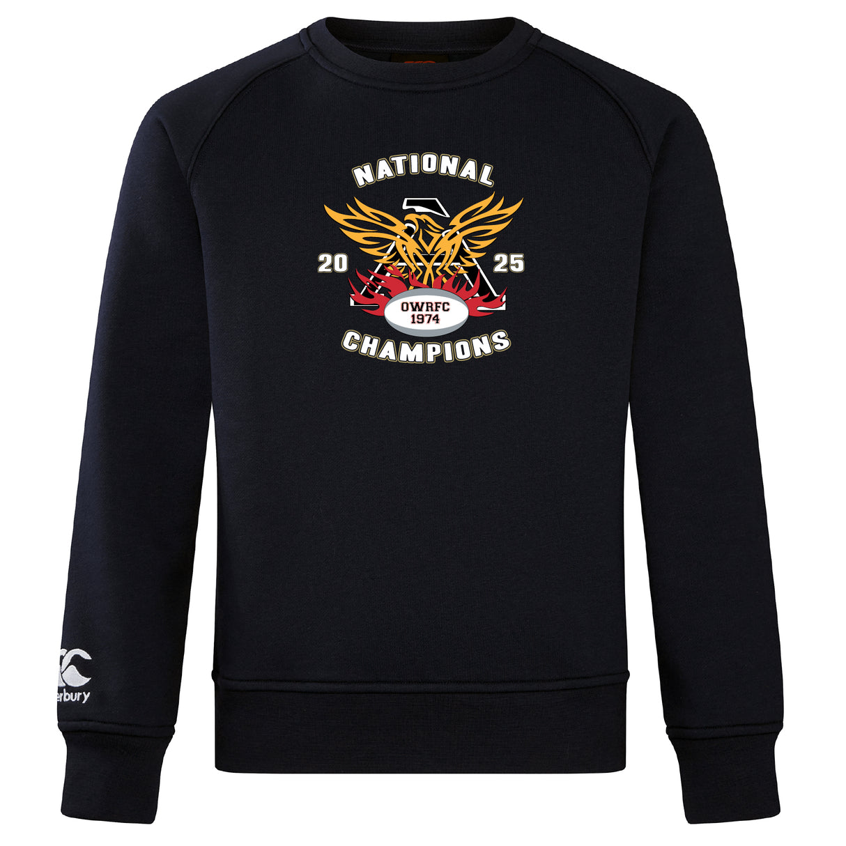 The Atlanta Old White Rugby Champs Club Crew Sweatshirt by WRS Canterbury features a "National Champions 2025 OWRFC 1874" eagle and rugby ball logo on ultra soft black fabric, offering both comfort and style.