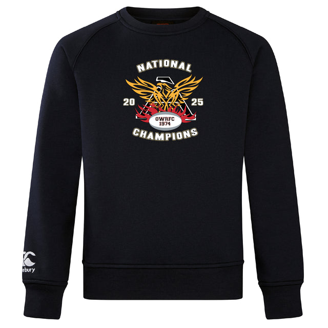 The Atlanta Old White Rugby Champs Club Crew Sweatshirt by WRS Canterbury features a "National Champions 2025 OWRFC 1874" eagle and rugby ball logo on ultra soft black fabric, offering both comfort and style.
