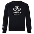 The Fortivus Academy Club Crew Sweatshirt by Canterbury, from WRS Canterbury, is a black ultra-soft top with a white "FORTIVUS ACADEMY" logo, lion crest and laurel wreath on the chest, plus an embroidered sleeve logo.
