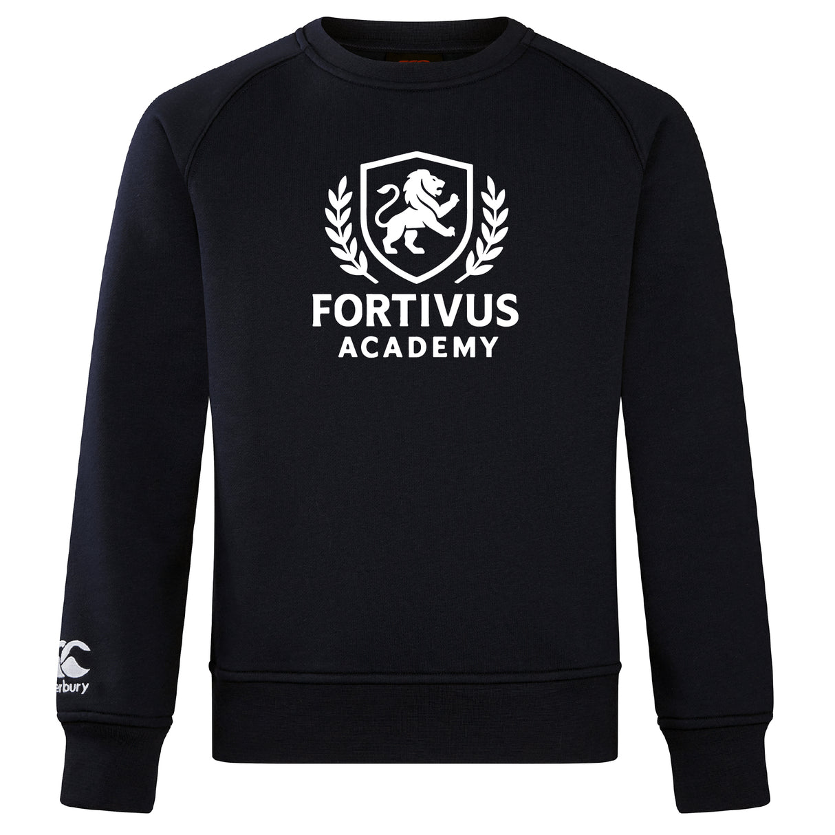 The Fortivus Academy Club Crew Sweatshirt by Canterbury, from WRS Canterbury, is a black ultra-soft top with a white "FORTIVUS ACADEMY" logo, lion crest and laurel wreath on the chest, plus an embroidered sleeve logo.