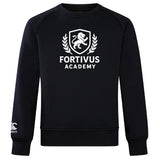 The Fortivus Academy Club Crew Sweatshirt by Canterbury, from WRS Canterbury, is a black ultra-soft top with a white "FORTIVUS ACADEMY" logo, lion crest and laurel wreath on the chest, plus an embroidered sleeve logo.