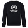 The Fortivus Academy Club Crew Sweatshirt by Canterbury, from WRS Canterbury, is a black ultra-soft top with a white "FORTIVUS ACADEMY" logo, lion crest and laurel wreath on the chest, plus an embroidered sleeve logo.