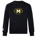 The Monarch Rugby Club Crew Sweatshirt by WRS Canterbury is a black ultra-soft top with a bold gold "M," large "Monarch Rugby" logo on the chest, and a white Canterbury logo on the left sleeve—ideal for fans of classic club crew style.