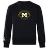 The Monarch Rugby Club Crew Sweatshirt by WRS Canterbury is a black ultra-soft top with a bold gold "M," large "Monarch Rugby" logo on the chest, and a white Canterbury logo on the left sleeve—ideal for fans of classic club crew style.