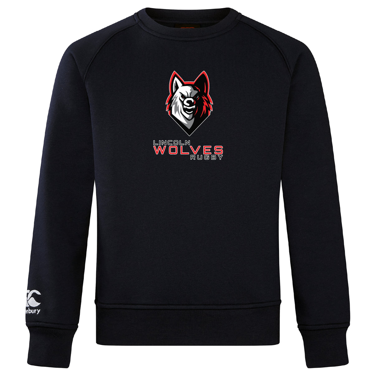 The Lincoln Wolves Club Crew Sweatshirt by WRS Canterbury features an ultra-soft feel, a stylized wolf logo and "Lincoln Wolves Rugby" on the chest, plus an embroidered CCC logo on the left sleeve.