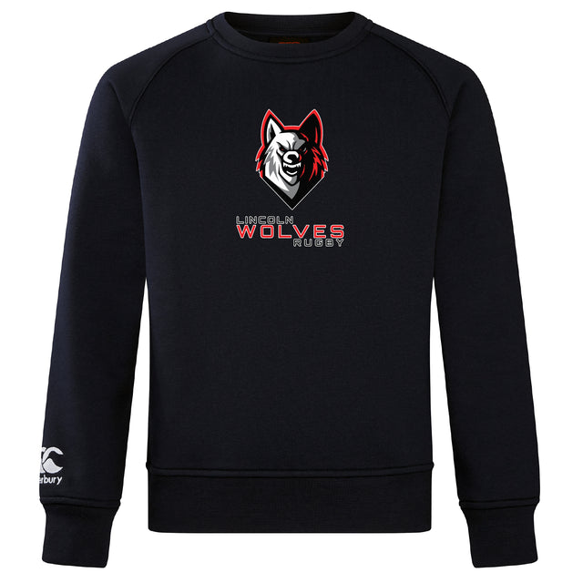 The Lincoln Wolves Club Crew Sweatshirt by WRS Canterbury features an ultra-soft feel, a stylized wolf logo and "Lincoln Wolves Rugby" on the chest, plus an embroidered CCC logo on the left sleeve.
