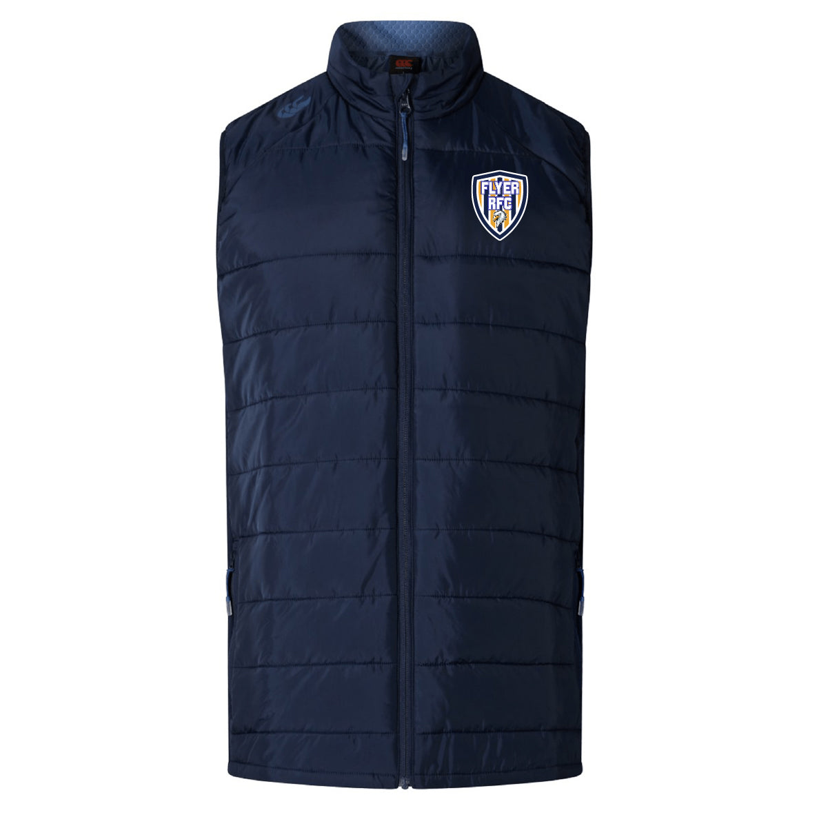 The EMB Canterbury Franklin County High School Rugby Elite Microlite Gilet is a navy blue, quilted sleeveless vest with insulated baffles, front zip, and "Flyer Ref" logo patch, inspired by the Elite Gilet design.