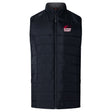 The Guilford College Women's Elite Microlite Gilet by Canterbury is a black, zip-up, sleeveless gilet with a red and white "Quaker Rugby" logo on the chest—ideal for lightweight warmth and style.