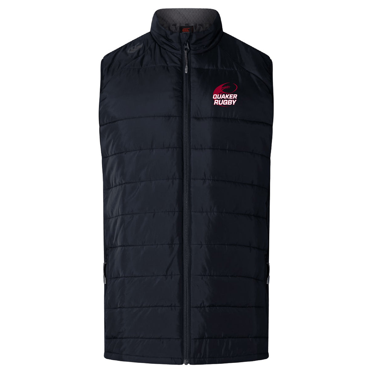 The Guilford College Women's Elite Microlite Gilet by Canterbury is a black, zip-up, sleeveless gilet with a red and white "Quaker Rugby" logo on the chest—ideal for lightweight warmth and style.