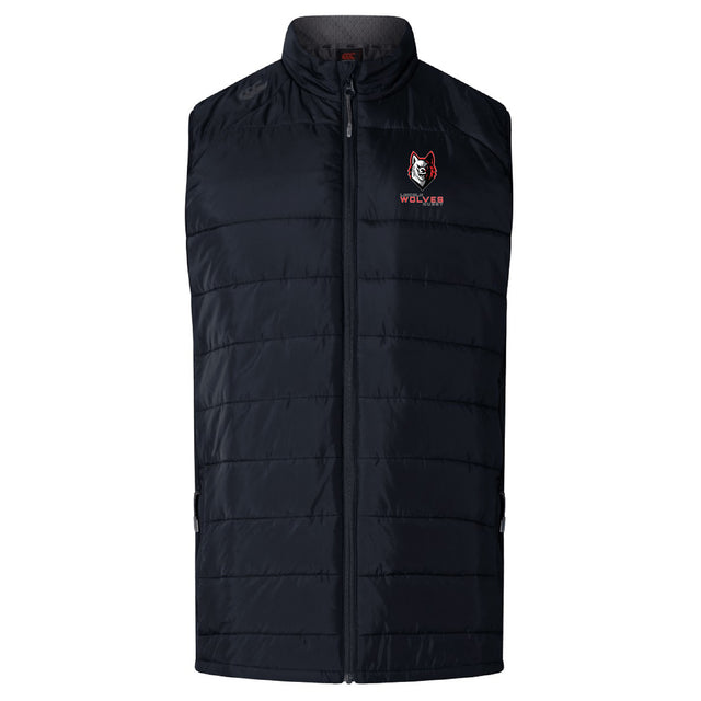 The Lincoln Wolves Elite Microlite Gilet by EMB Canterbury is a black padded vest with a front zipper, insulated baffles for warmth, and an embroidered red, white, and grey "WOLVES" wolf logo on the left chest.