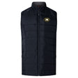 The Monarch Rugby Club Elite Microlite Gilet by EMB Canterbury features black quilted insulation, a front zipper, and an embroidered gold and black "M" logo—ideal for layering and extra warmth.