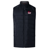 The EMB Canterbury Guilford College Elite Microlite Gilet features black quilted insulation, a high collar, front zipper, and left-chest "Quaker Rugby" branding—ideal for layering like the Canterbury Elite Gilet.