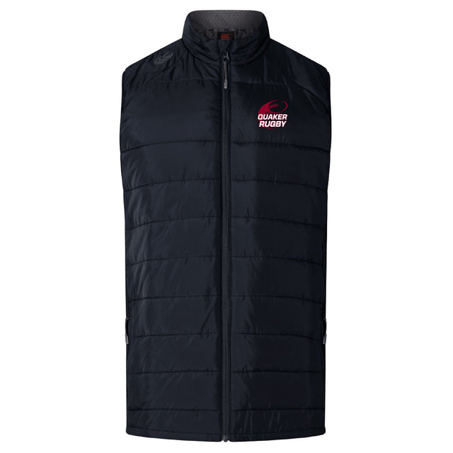The EMB Canterbury Guilford College Elite Microlite Gilet features black quilted insulation, a high collar, front zipper, and left-chest "Quaker Rugby" branding—ideal for layering like the Canterbury Elite Gilet.