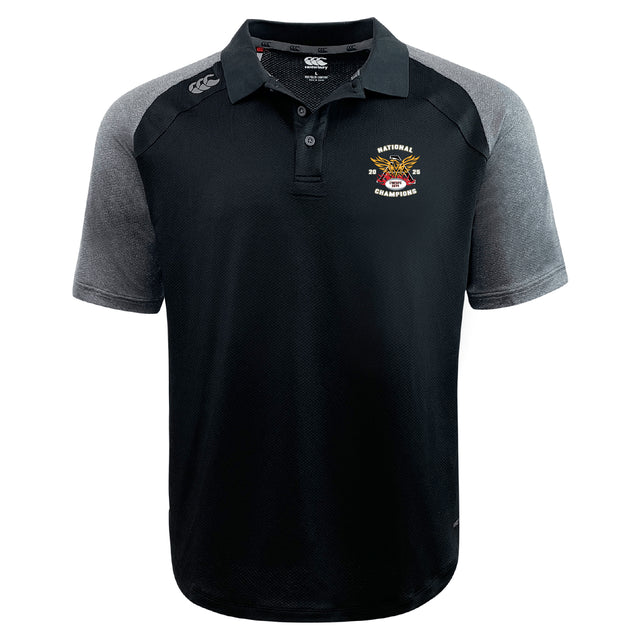 The Atlanta Old White Rugby Champs Elite Polo by EMB Canterbury features black and gray Vapodri fabric, a collar, button placket, and an embroidered "National Champions 2018-2019" logo on the left chest to keep you cool and comfortable.