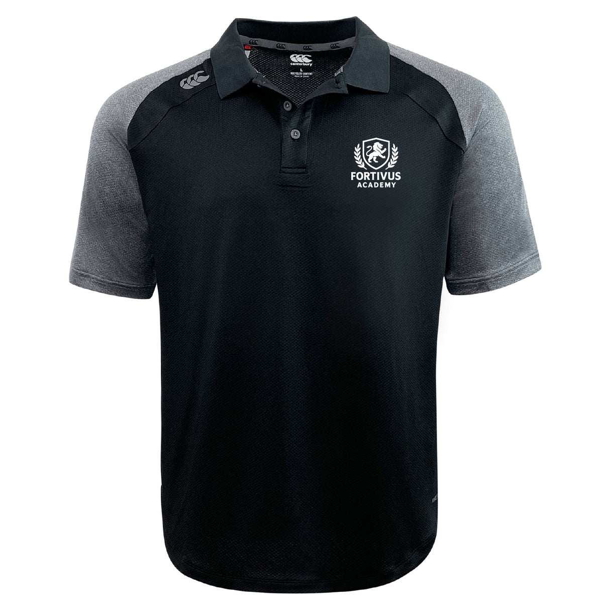 The Fortivus Academy Elite Polo by EMB Canterbury features lightweight Vapodri fabric, “Fortivus Academy” logo and emblem on the left chest, and Canterbury branding on the right shoulder. Black and gray colorway.