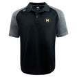 The Monarch Rugby Club Elite Polo by EMB Canterbury is a short-sleeve black and gray shirt with a "M" logo and “MUDDOGS” on the left chest, made from lightweight Vapodri fabric, plus the Canterbury logo on the right shoulder.
