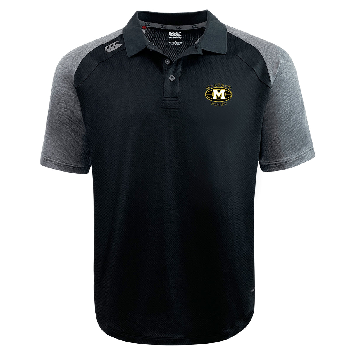 The Monarch Rugby Club Elite Polo by EMB Canterbury is a short-sleeve black and gray shirt with a "M" logo and “MUDDOGS” on the left chest, made from lightweight Vapodri fabric, plus the Canterbury logo on the right shoulder.
