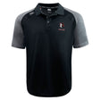 The Lincoln Wolves Elite Polo by EMB Canterbury features black and gray colors, a wolf logo with "WOLVES" on the left chest, a white Canterbury logo on the right shoulder, and lightweight Vapodri fabric for comfort and performance.