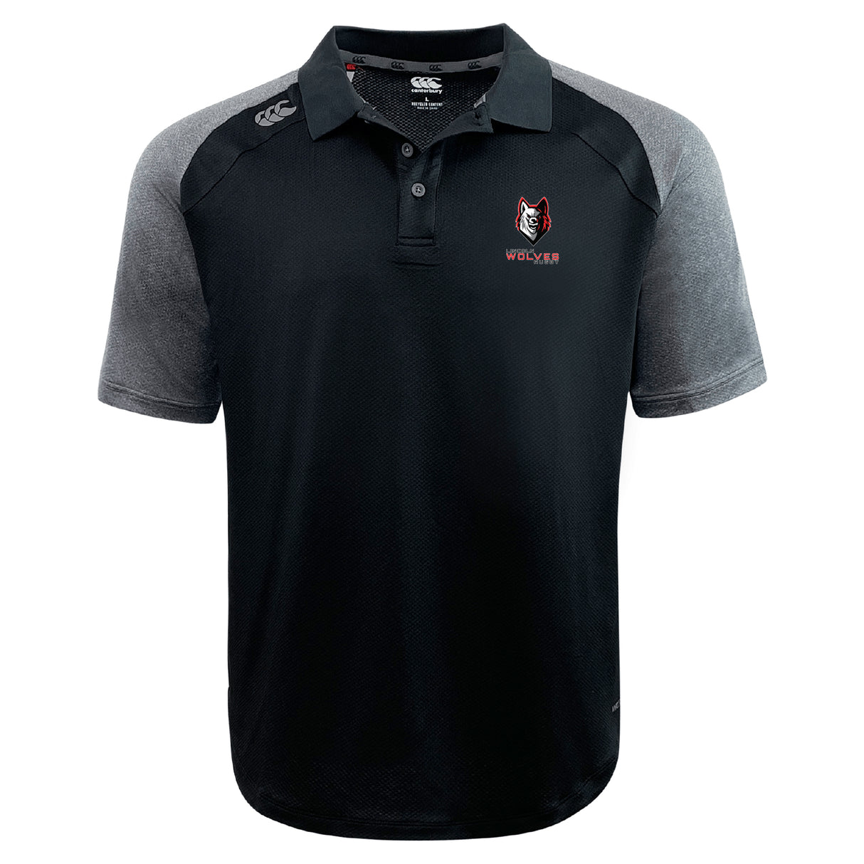 The Lincoln Wolves Elite Polo by EMB Canterbury features black and gray colors, a wolf logo with "WOLVES" on the left chest, a white Canterbury logo on the right shoulder, and lightweight Vapodri fabric for comfort and performance.