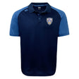 The Franklin County High School Rugby Elite Polo by EMB Canterbury features navy with light blue sleeves, a buttoned collar, "FLYER RFC" badge on the chest, and right shoulder logo. Made with Vapodri fabric for all-day lightweight comfort.