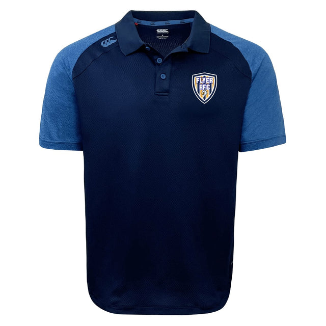 The Franklin County High School Rugby Elite Polo by EMB Canterbury features navy with light blue sleeves, a buttoned collar, "FLYER RFC" badge on the chest, and right shoulder logo. Made with Vapodri fabric for all-day lightweight comfort.