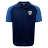 The Franklin County High School Rugby Elite Polo by EMB Canterbury features navy with light blue sleeves, a buttoned collar, "FLYER RFC" badge on the chest, and right shoulder logo. Made with Vapodri fabric for all-day lightweight comfort.