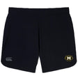 The Monarch Rugby Club Elite Woven Short by EMB Canterbury features a small white Canterbury logo on the left leg and a yellow and black "Monarch Rugby" crest on the right leg—ideal for active training sessions.