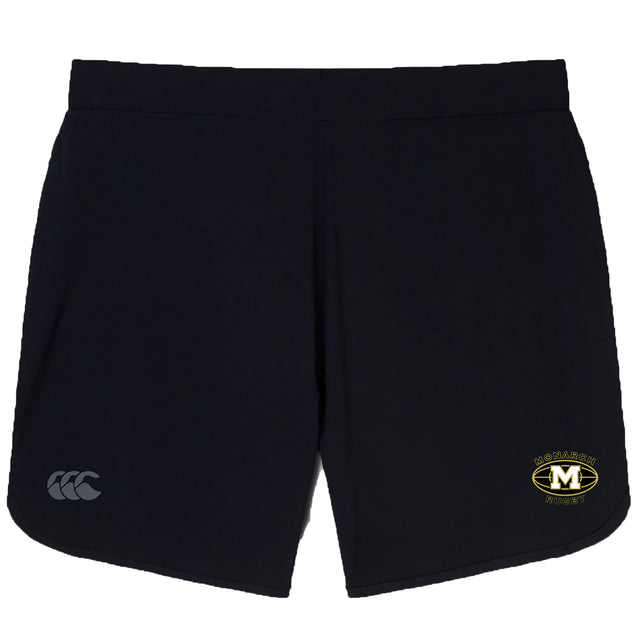 The Monarch Rugby Club Elite Woven Short by EMB Canterbury features a small white Canterbury logo on the left leg and a yellow and black "Monarch Rugby" crest on the right leg—ideal for active training sessions.