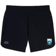 The Las Colinas Rugby Elite Woven Short by EMB Canterbury features black fabric, the Canterbury logo on the left leg, a blue and white club crest on the right, and zippered pockets for secure storage.