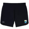 The Las Colinas Rugby Elite Woven Short by EMB Canterbury features black fabric, the Canterbury logo on the left leg, a blue and white club crest on the right, and zippered pockets for secure storage.