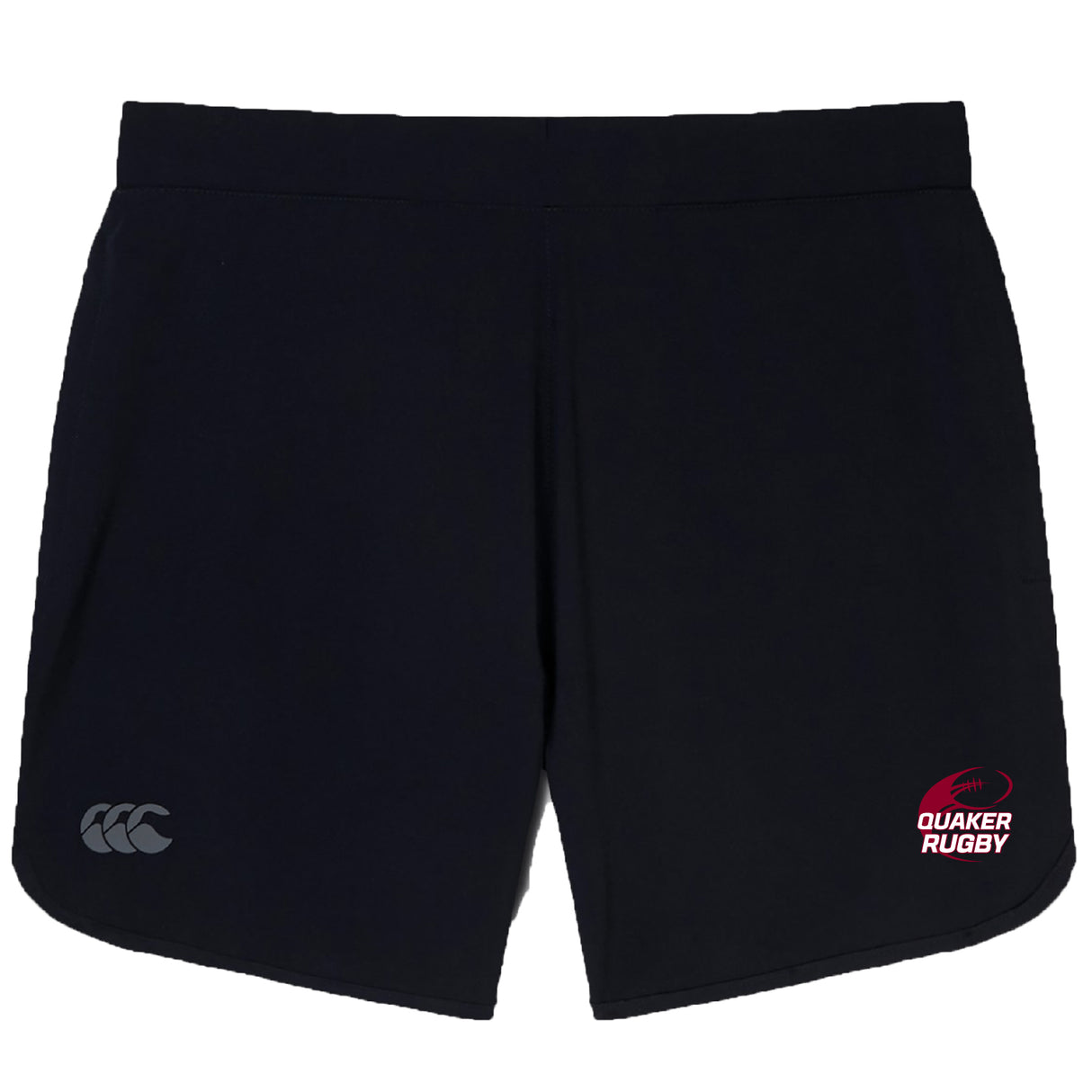 The Guilford College Elite Woven Short by EMB Canterbury features zippered pockets, the Canterbury logo on the left leg, and the Quaker Rugby logo on the right—ideal for training sessions.