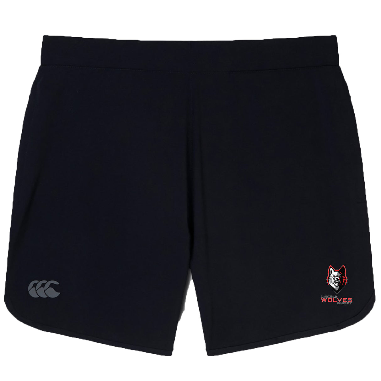The Lincoln Wolves Women's Elite Woven Short by EMB Canterbury features a small wolf and "WOLVES" on the right leg, plus a grey "CCC" logo on the left—ideal for workouts or daily wear.