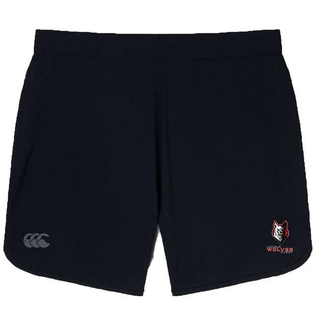 The Lincoln Wolves Women's Elite Woven Short by EMB Canterbury features a small wolf and "WOLVES" on the right leg, plus a grey "CCC" logo on the left—ideal for workouts or daily wear.